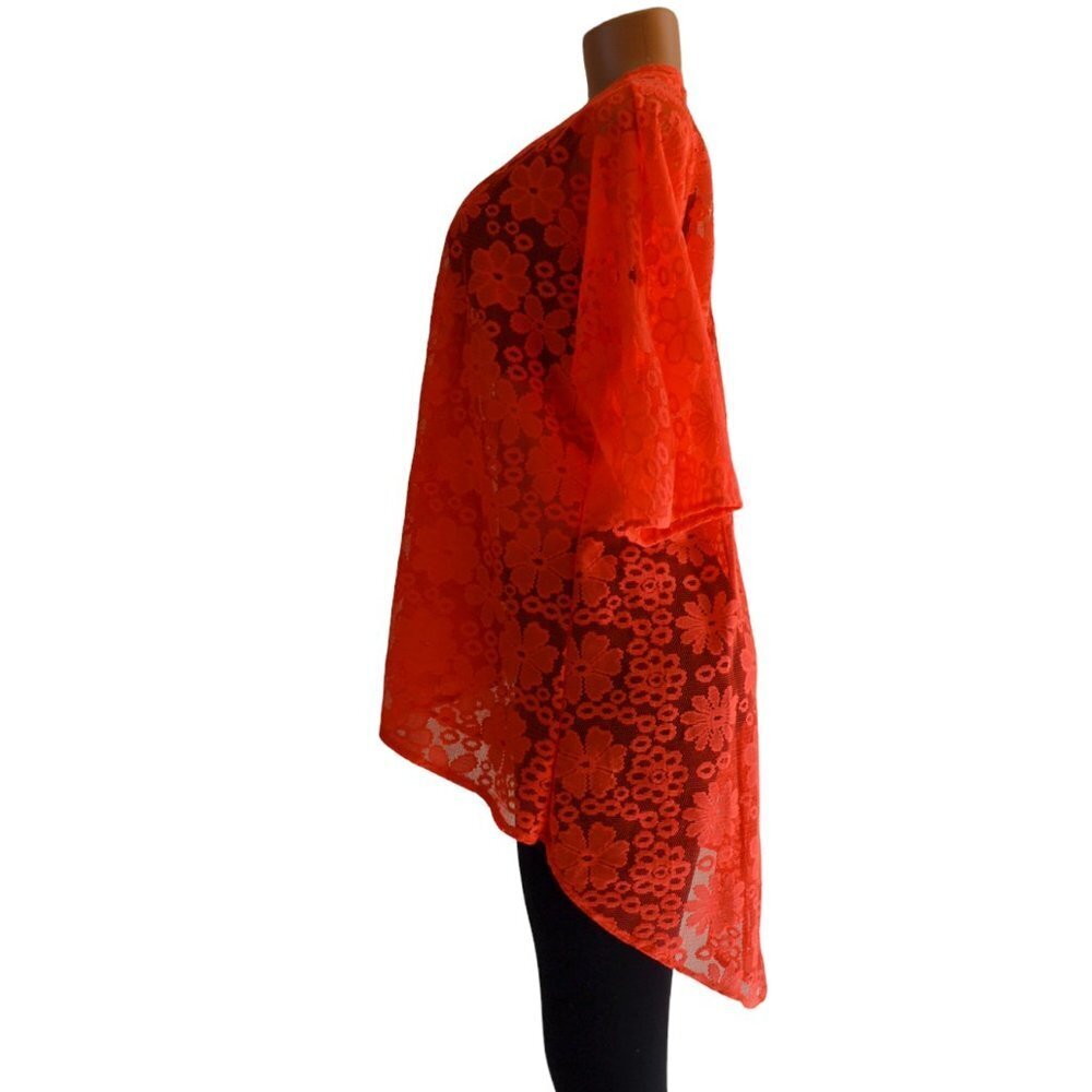 LuLaRoe Lindsay Kimono Neon Orange Floral Lace,  Light Cover Up Halloween Fall - Picture 5 of 8